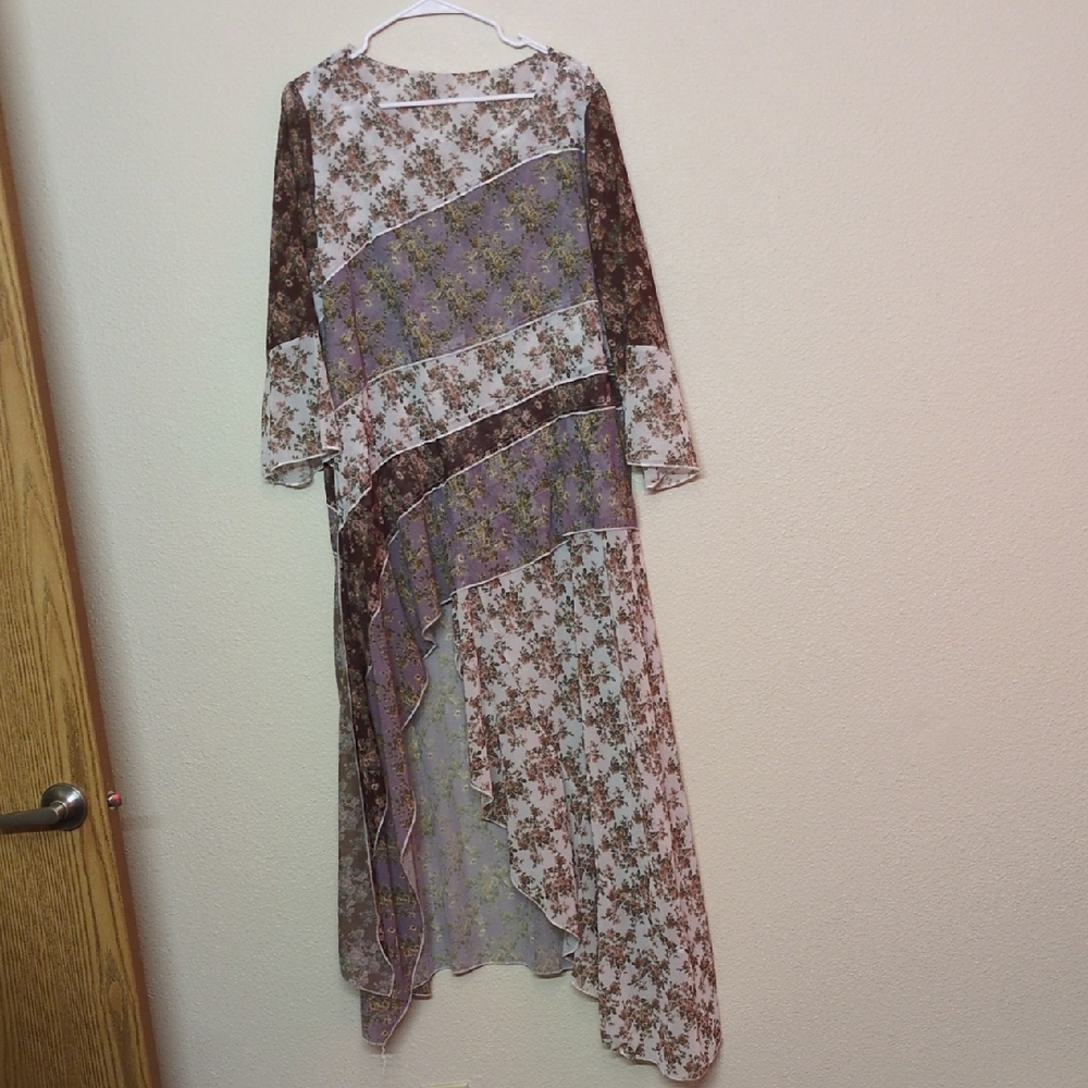 Asymmetrical Floral Midi Dress in Brown and Lavender